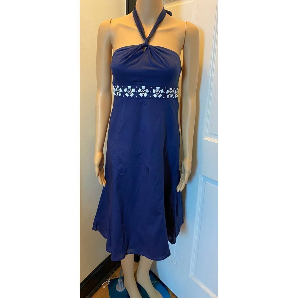 Ann Taylor Loft Cottagecore Beaded Halter Dress 100% Cotton Blue White 2